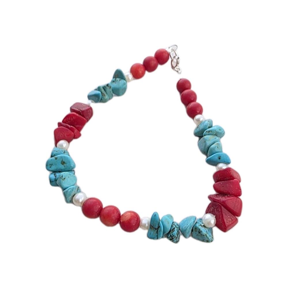 Sterling Silver 925 Red Coral White Pearl Blue Turquoise Stone 7.25" Bracelet‎